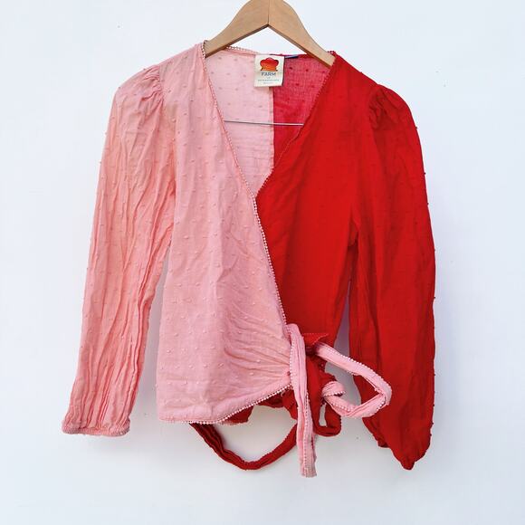 Farm Rio Red Pink Colorblock Wrap Long Sleeve Top Blouse Small Tie Front - Picture 2 of 10